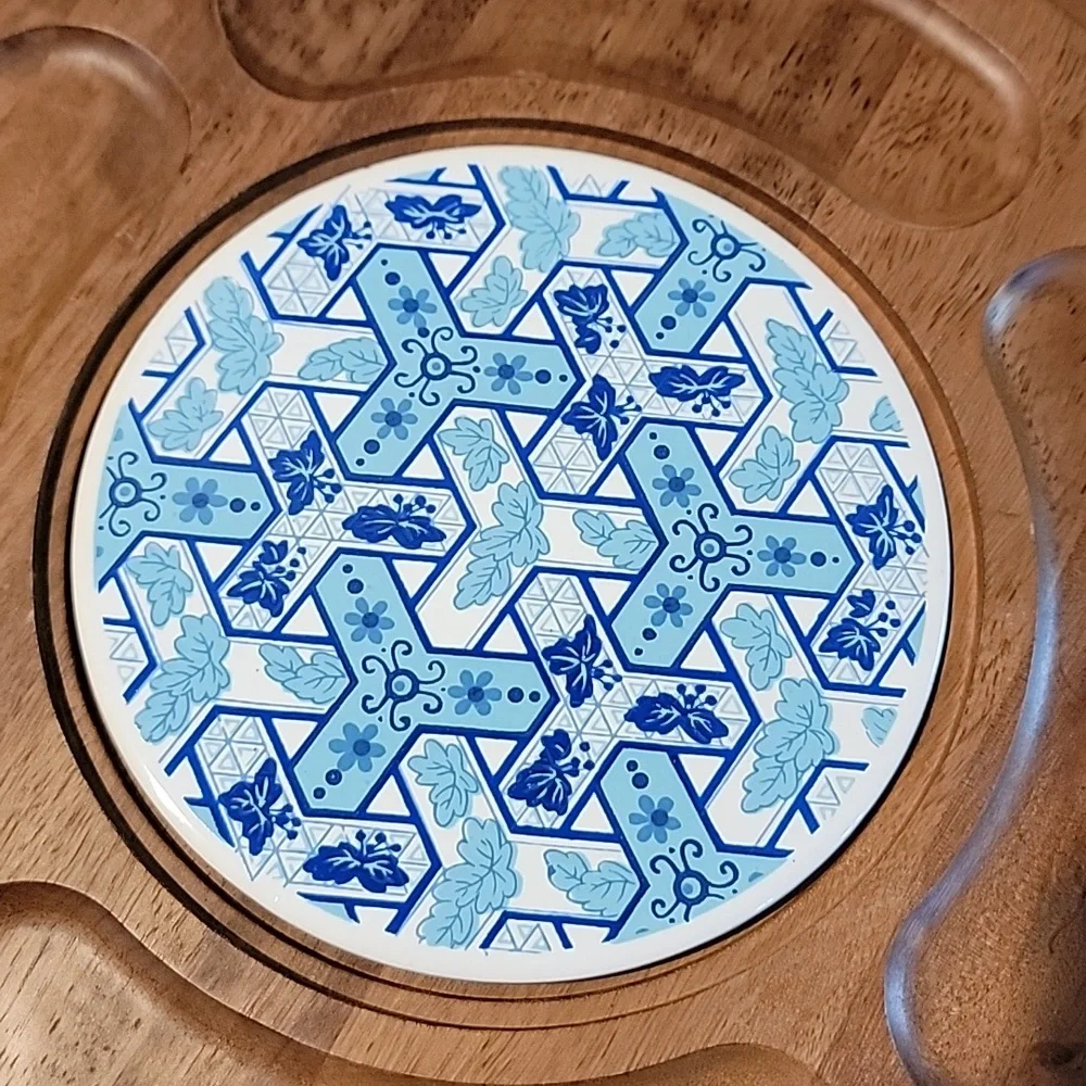 Vintage Gail Craft MCM‎ Wood Blue Porcelain Cheese Charcuterie Board